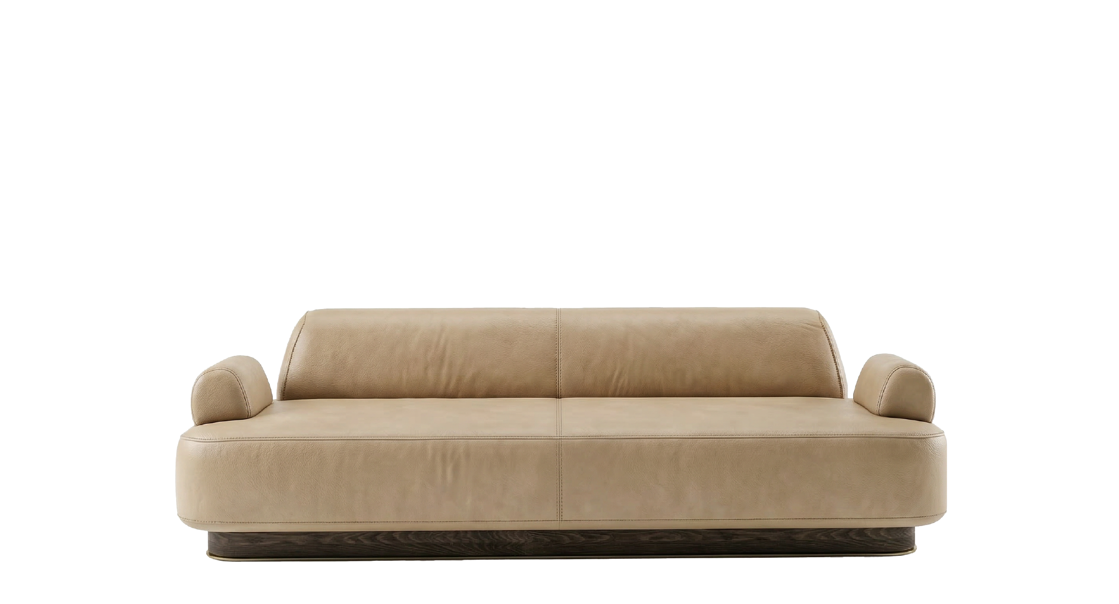 Hedy Sofa in modern design with sleek beige leather upholstery, low-profile frame, and wooden base, displayed against a neutral background.