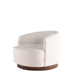 Mahler Armchair in a modern, minimalist style with soft texture and a wooden base, designed for contemporary living spaces.