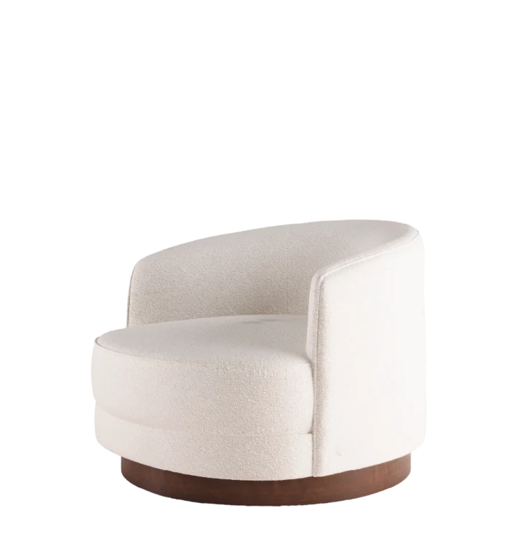 Mahler Armchair in a modern, minimalist style with soft texture and a wooden base, designed for contemporary living spaces.