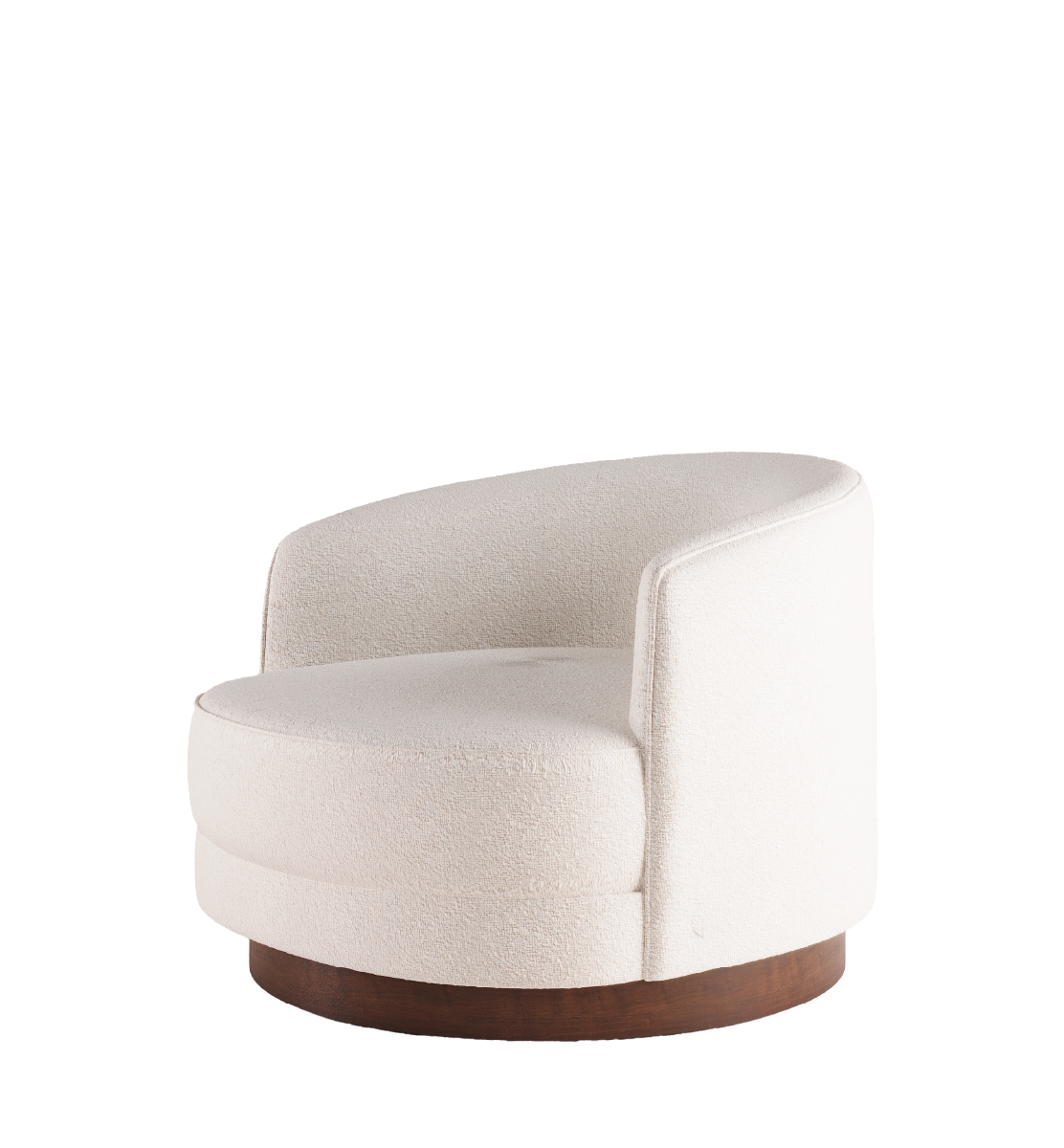 Mahler Armchair in a modern, minimalist style with soft texture and a wooden base, designed for contemporary living spaces.