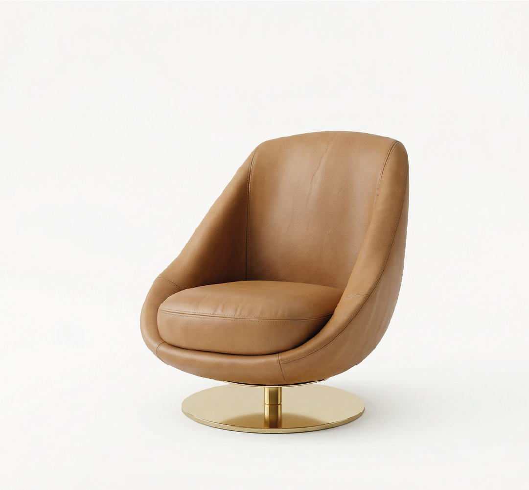 Purcell Armchair in luxurious tan leather with a sleek gold base, designed for modern living rooms and stylish interiors.
