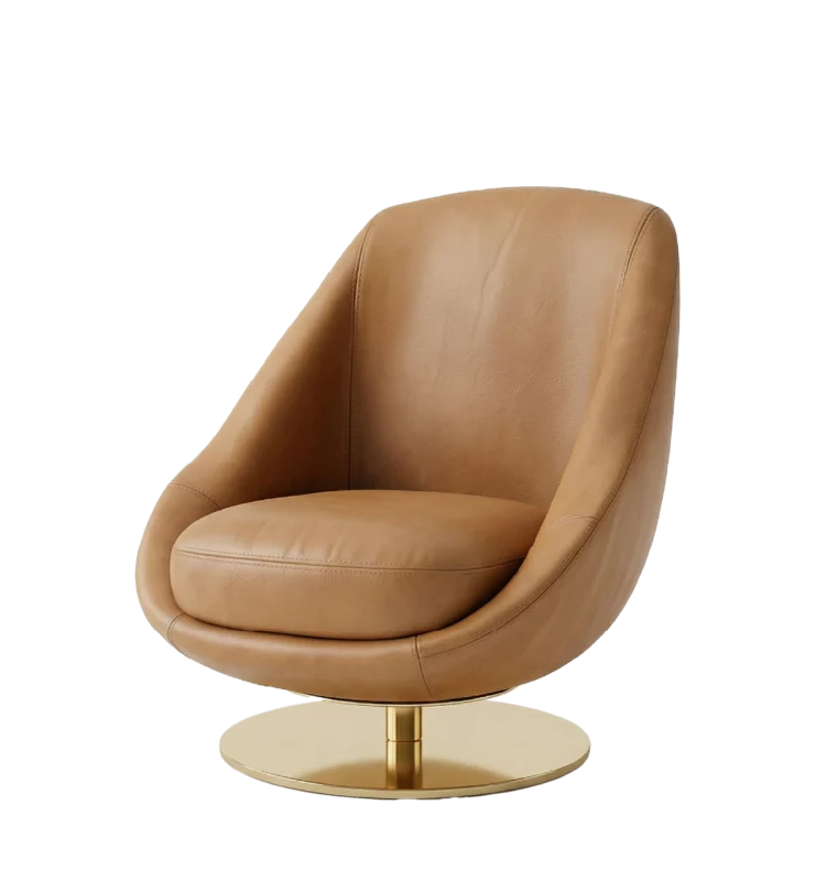 Purcell Armchair with sleek tan leather upholstery and a luxurious gold base, modern design.