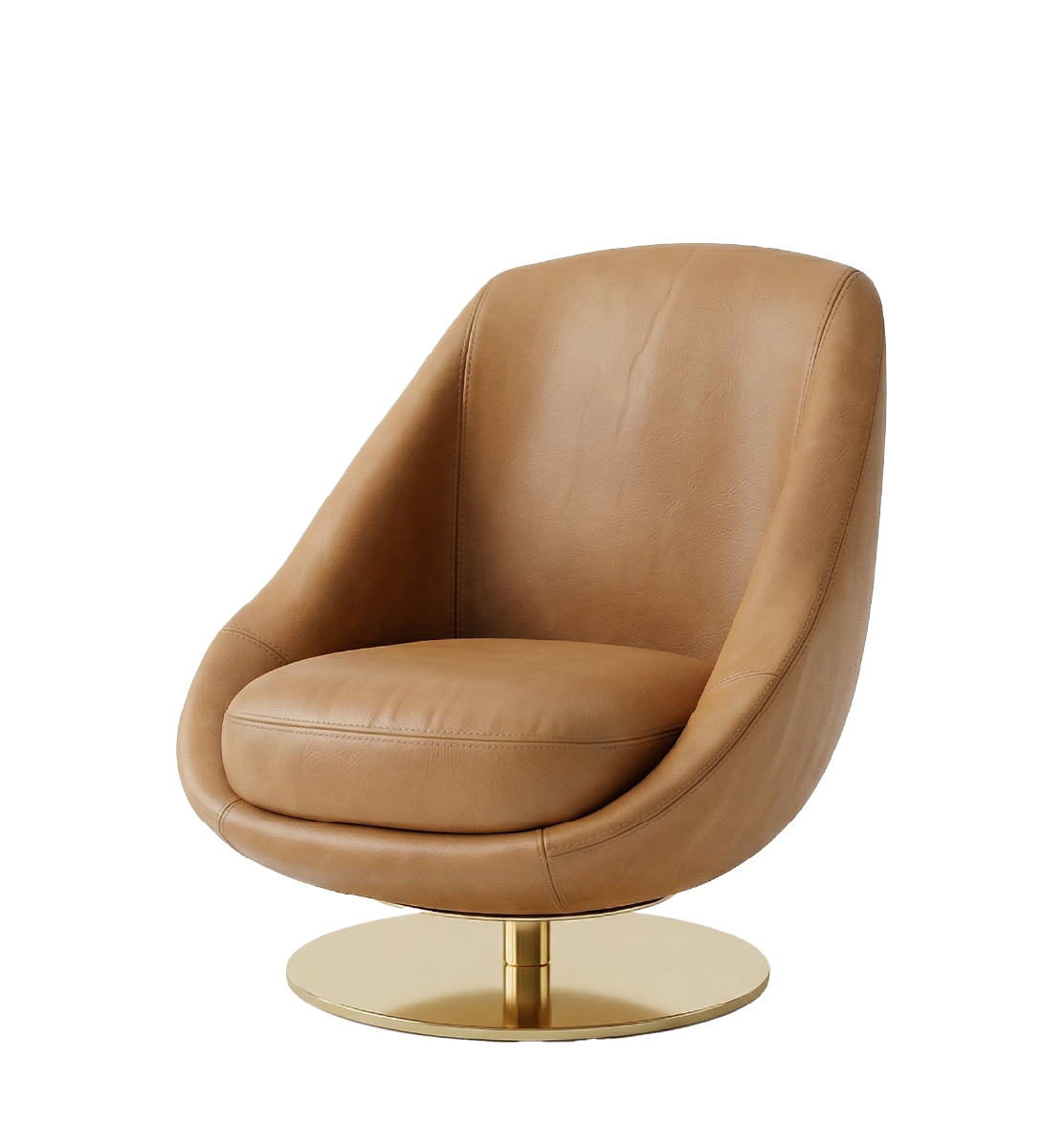 Purcell Armchair with sleek tan leather upholstery and a luxurious gold base, modern design.