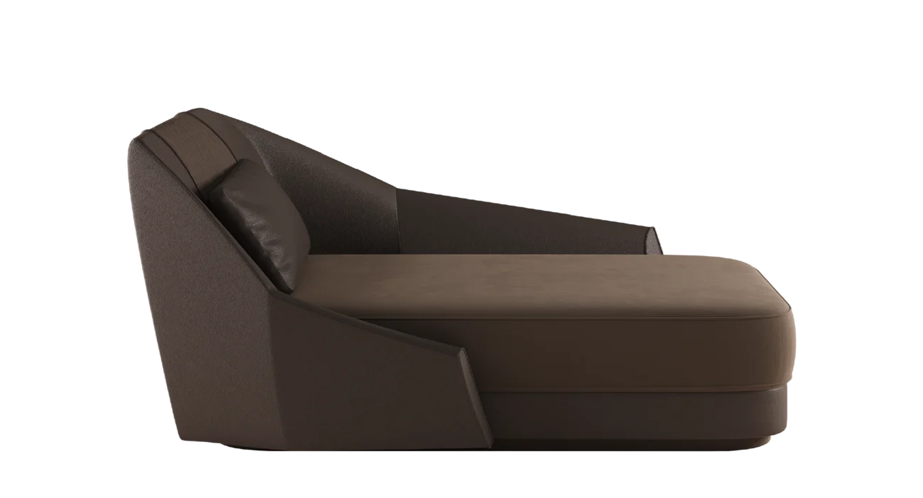 Purcell Chaise Lounge featuring luxurious brown leather upholstery and plush backrest cushion, modern design.
