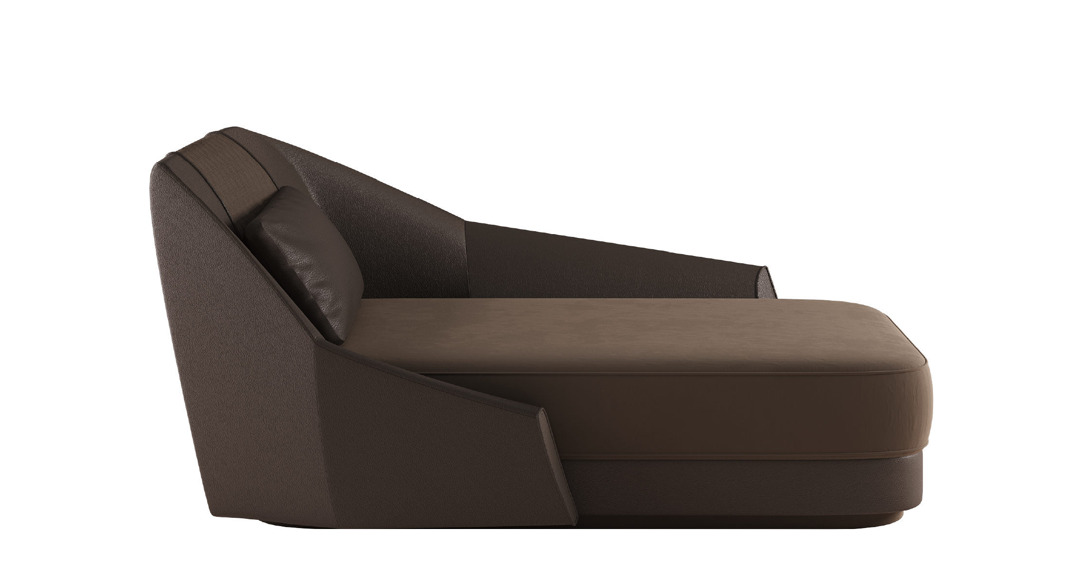 Purcell Chaise Lounge featuring luxurious brown leather upholstery and plush backrest cushion, modern design.