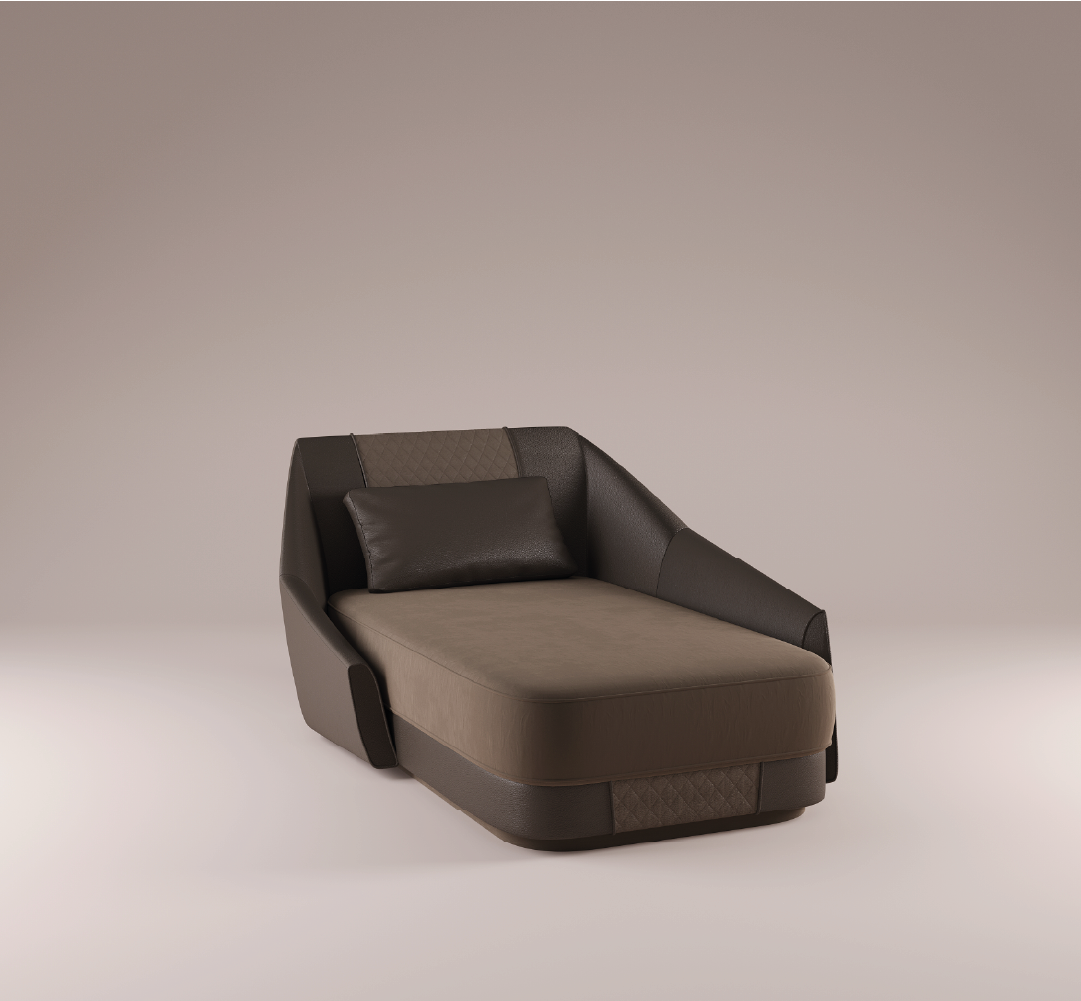 Purcell Chaise Lounge with luxurious brown leather upholstery and sleek modern design, perfect for relaxation and style.