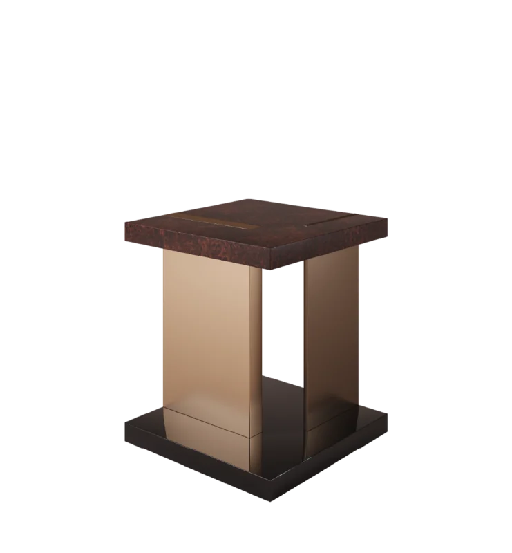 Modern side table with burl wood top and bronze pedestal base in a sculptural contemporary design.