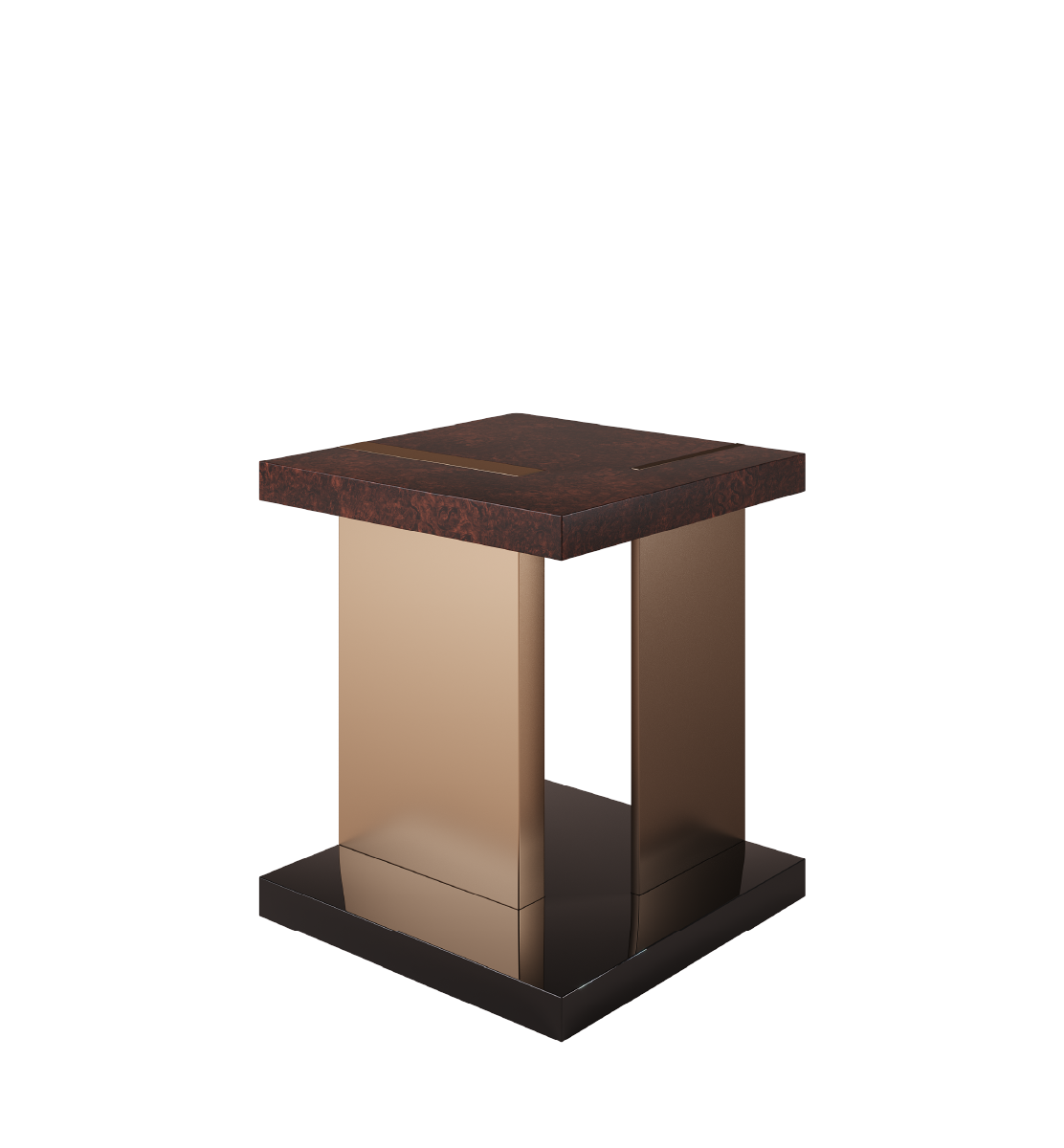 Modern side table with burl wood top and bronze pedestal base in a sculptural contemporary design.