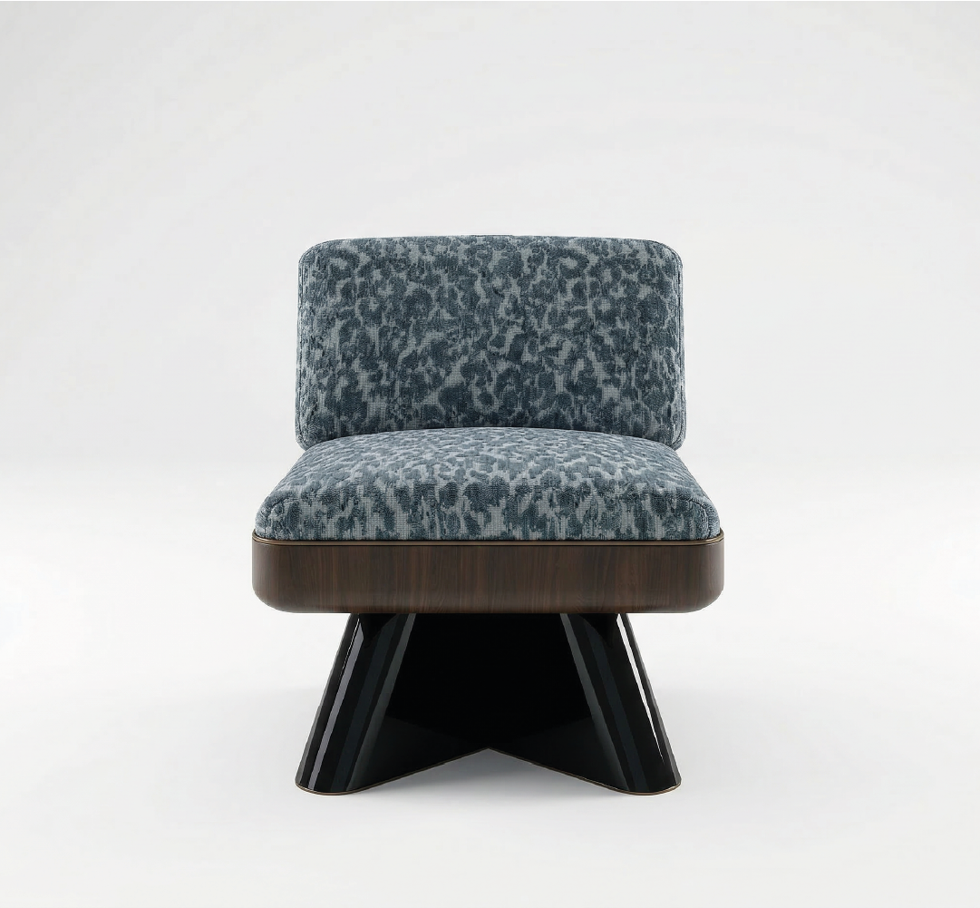 Reich Armchair with unique blue and gray patterned upholstery and an elegant, sleek wooden base.