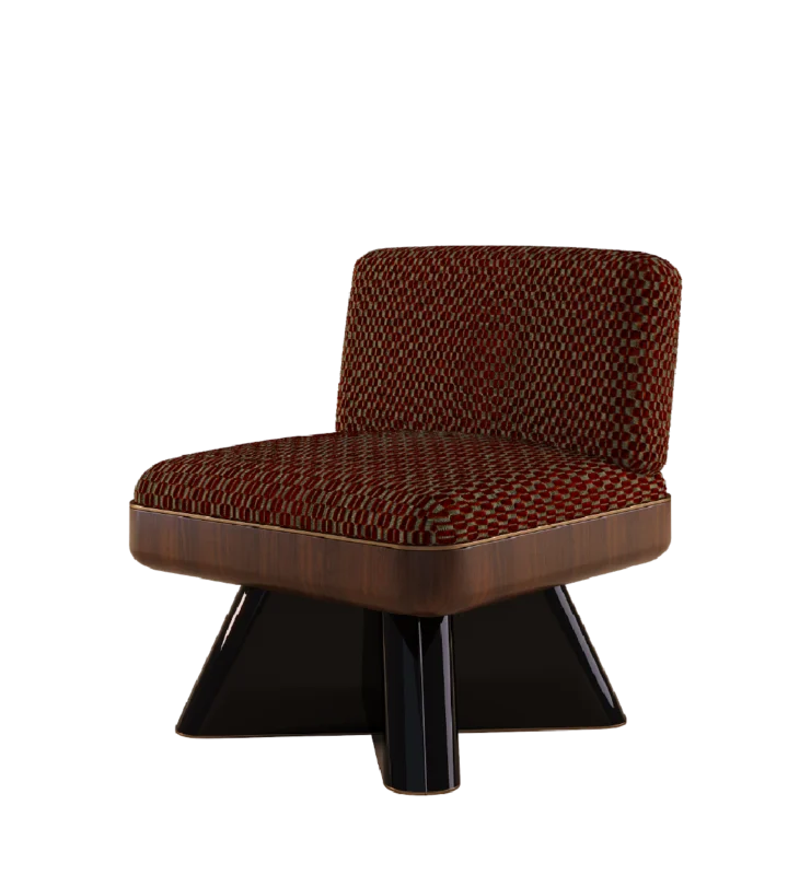 Reich Armchair with patterned upholstery in red and brown, set on a sleek black wooden base.