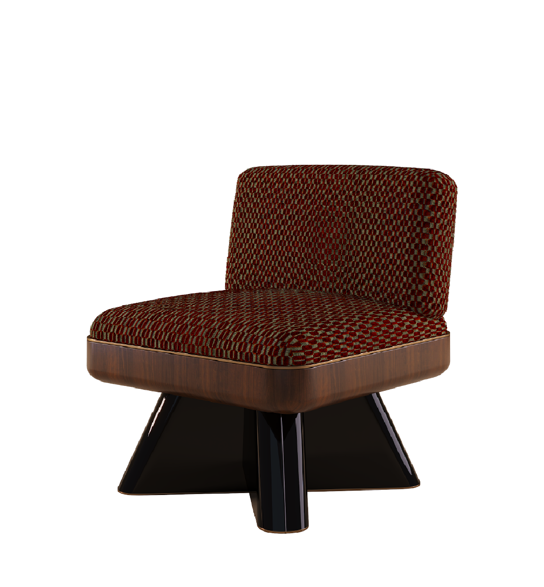 Reich Armchair with patterned upholstery in red and brown, set on a sleek black wooden base.