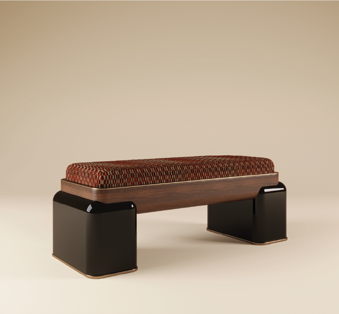 Modern upholstered bench with patterned seat, wood frame, and black base with brass detail