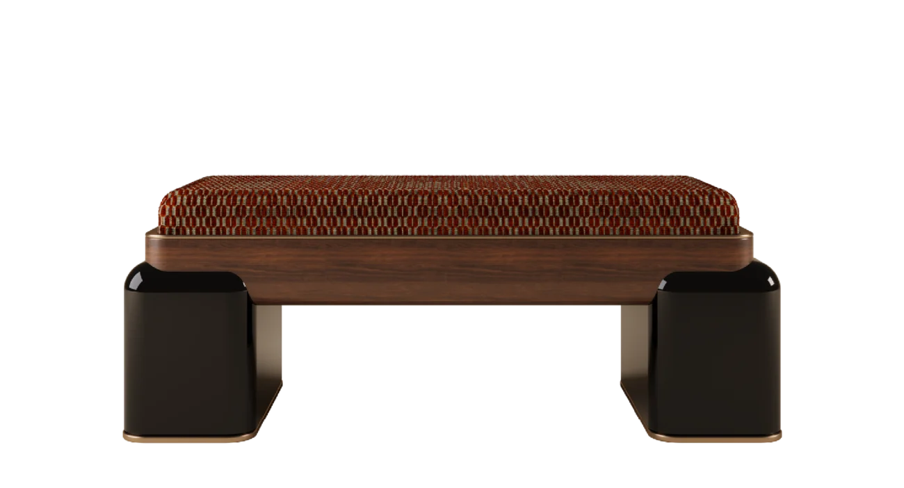 Reich bench with patterned upholstered seat, curved wood frame, and glossy black pedestal legs.