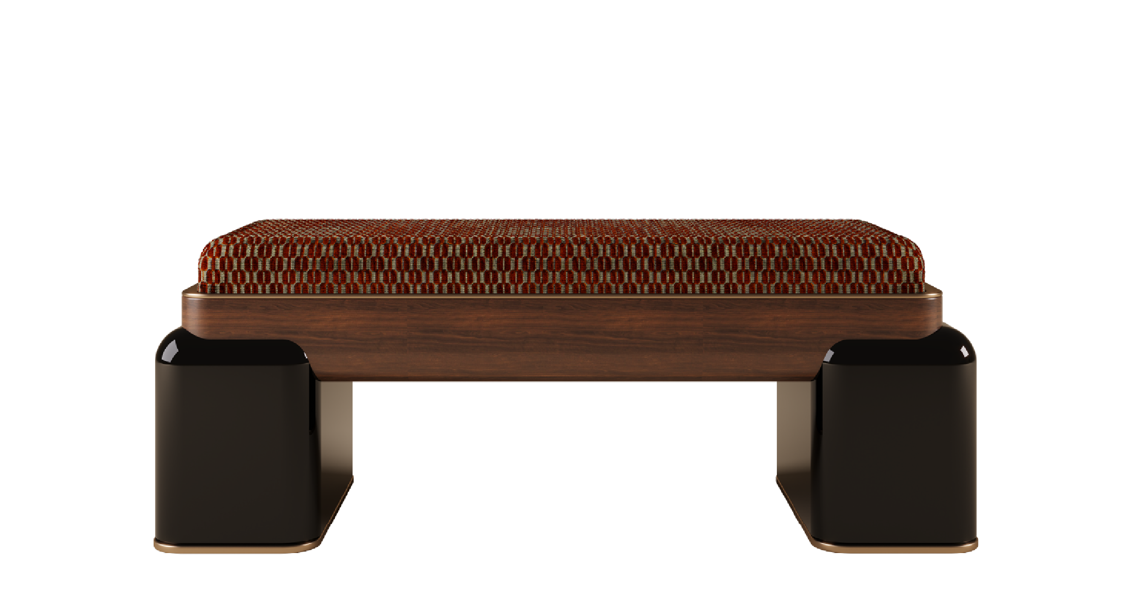 Reich bench with patterned upholstered seat, curved wood frame, and glossy black pedestal legs.