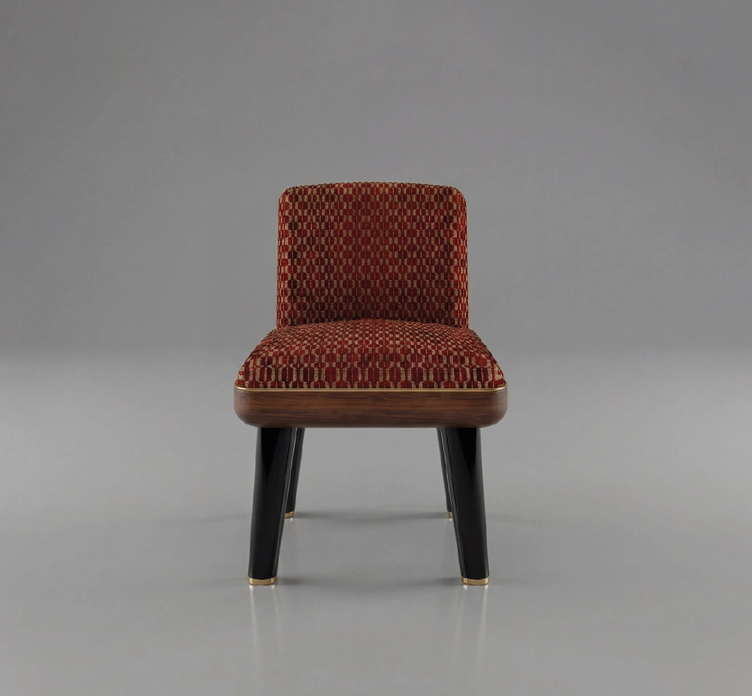 Reich Dining Chair with geometric-patterned upholstery, modern wood frame, and stylish black legs, perfect for contemporary dining rooms.