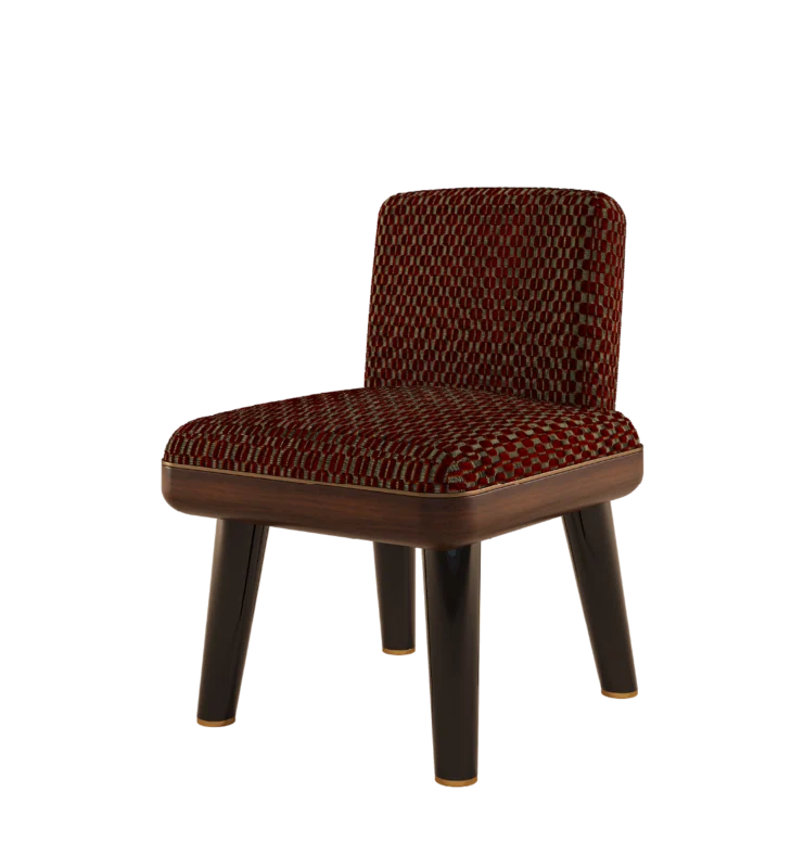 Reich Dining Chair featuring patterned upholstery and sleek wooden legs, stylish design.
