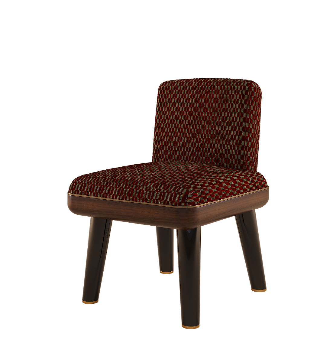 Reich Dining Chair featuring patterned upholstery and sleek wooden legs, stylish design.