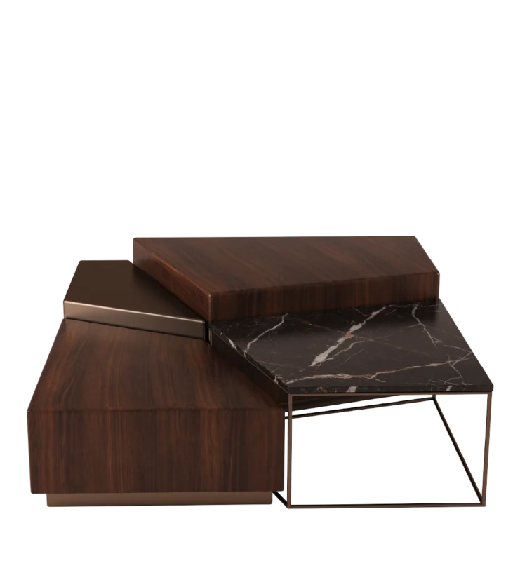 Satie center table with layered wood, marble, and bronze surfaces in geometric modular design.