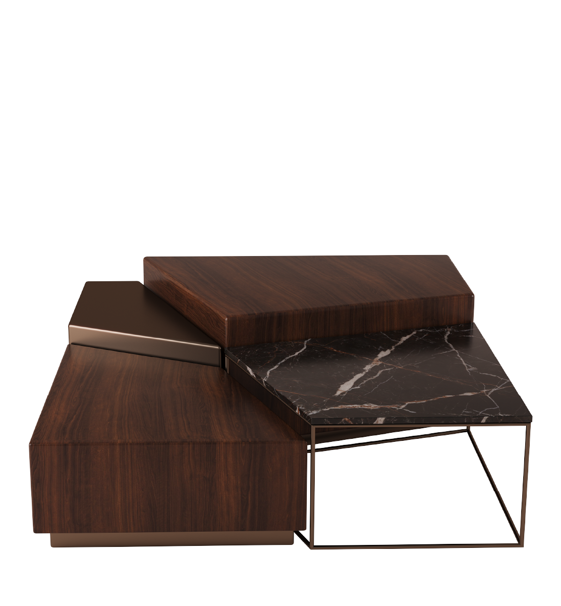 Satie center table with layered wood, marble, and bronze surfaces in geometric modular design.