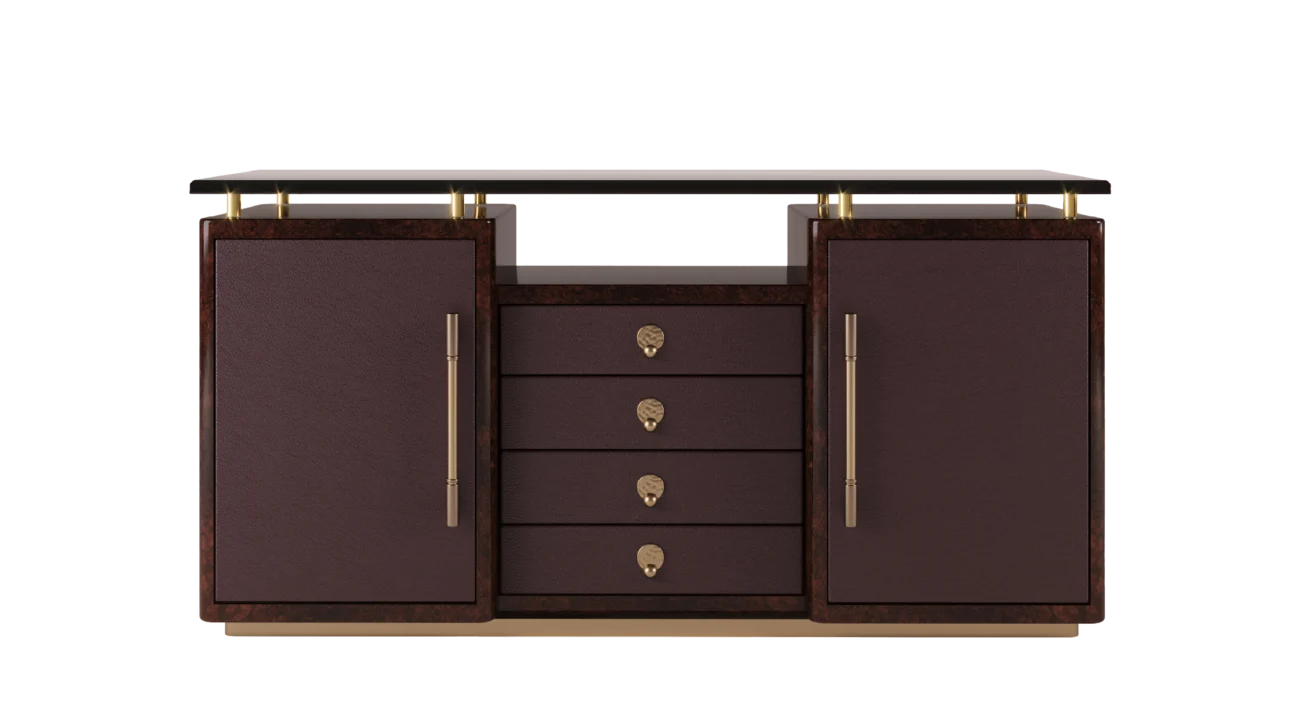 Ilyich luxury sideboard in dark wood and leather with brass hardware, featuring double doors and central drawers.