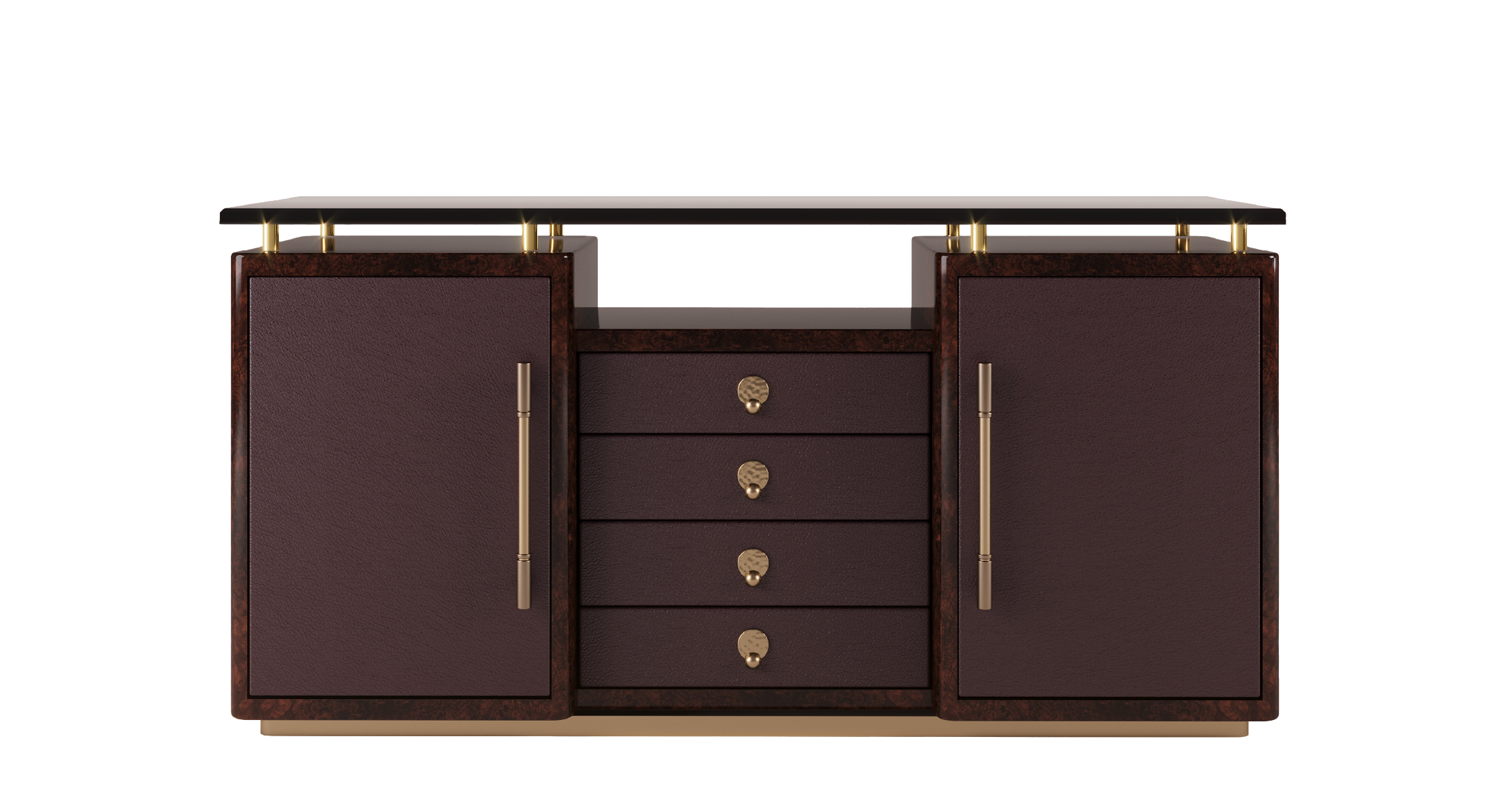 Ilyich luxury sideboard in dark wood and leather with brass hardware, featuring double doors and central drawers.