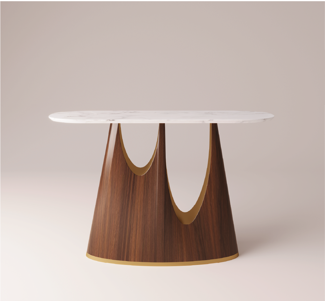 Alban console table with white marble top and sculptural wood base with brass detailing.