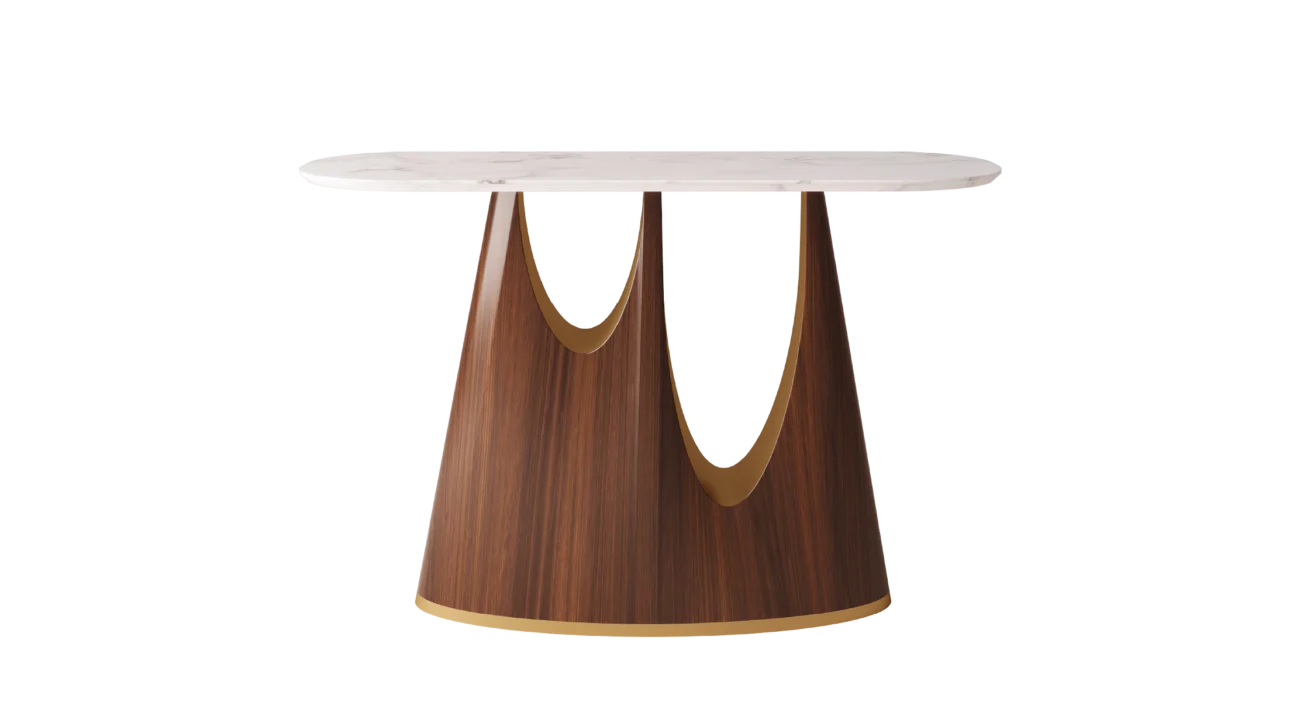 Alban console table with white marble top and sculptural wood base with brass detailing.