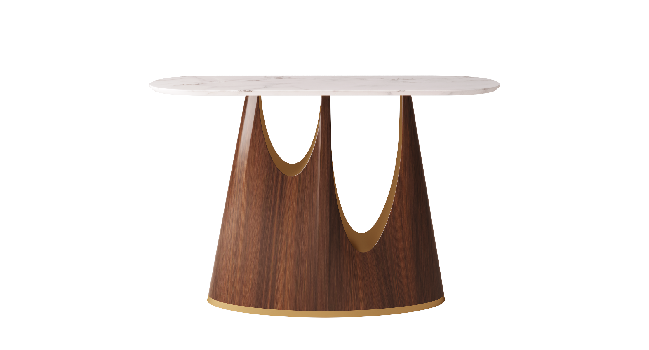 Alban console table with white marble top and sculptural wood base with brass detailing.
