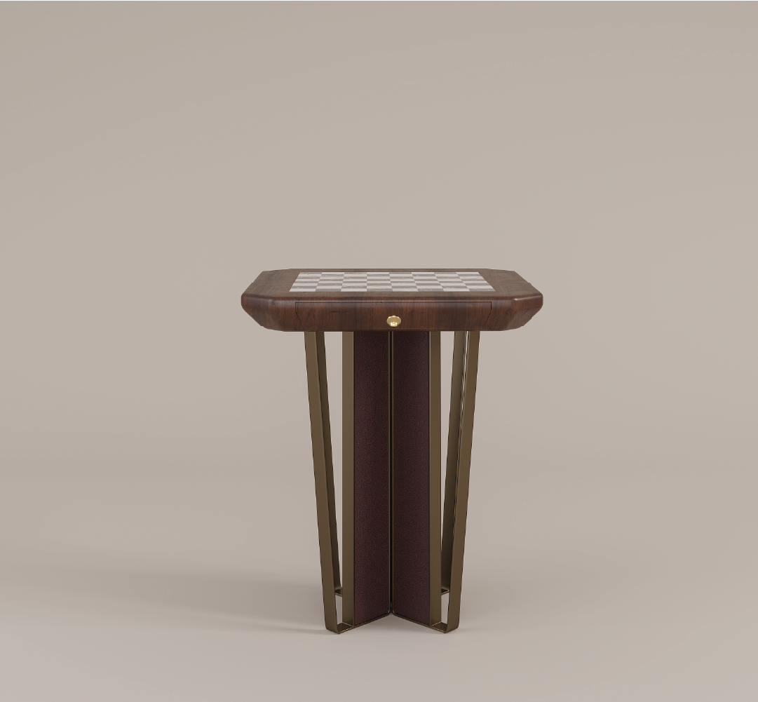 Elegant chess table with walnut wood and brass legs in minimalistic design