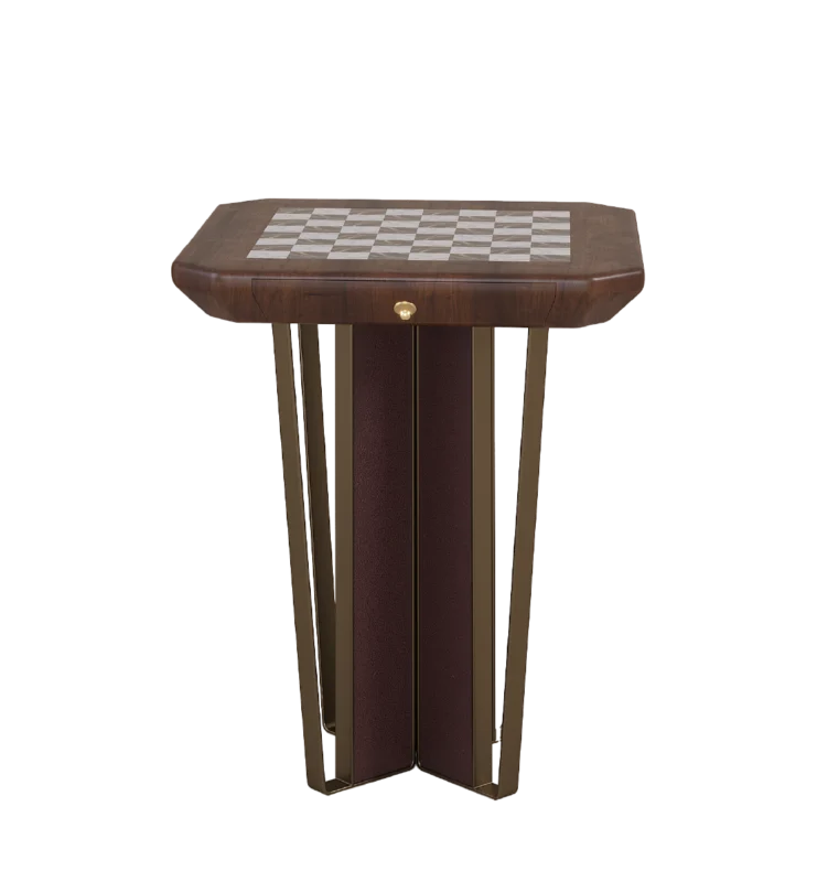 Arthur Chess Table featuring a luxurious design with a checkered top, crafted with rich wood and elegant metal accents, perfect for game nights and sophisticated interiors.