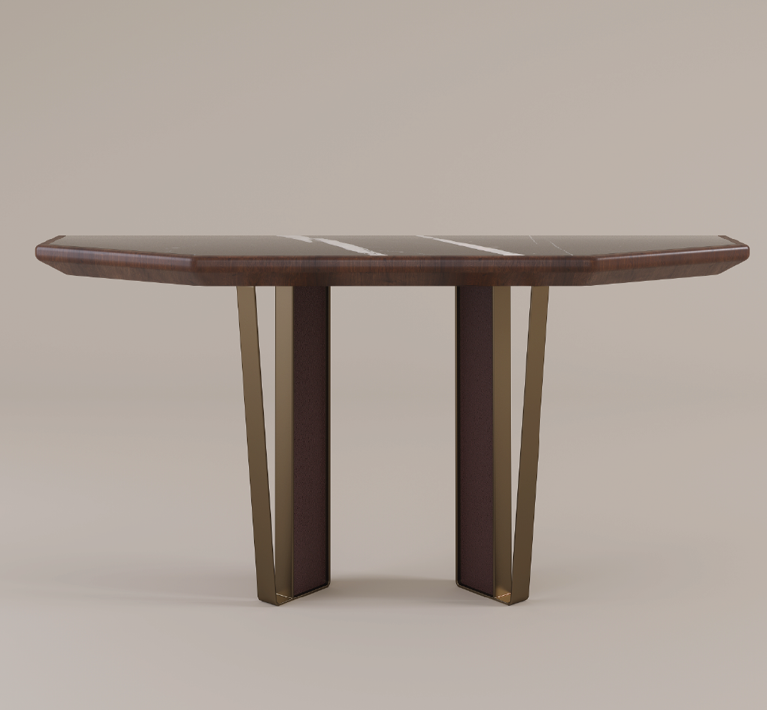 Arthur console table with marble top, sculptural wood base, and brass accents.