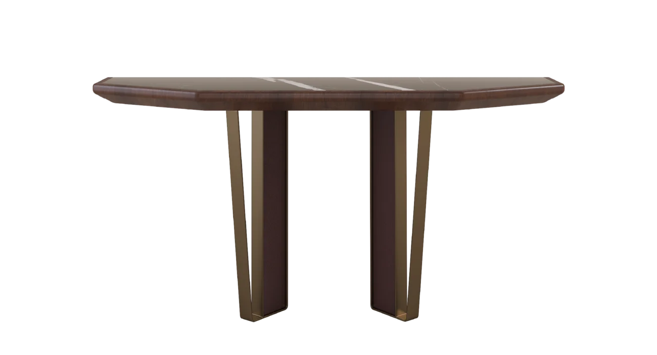 Arthur Console Table with a modern design, featuring a unique octagonal top and elegant metal legs for a sleek and luxurious touch to any living space.