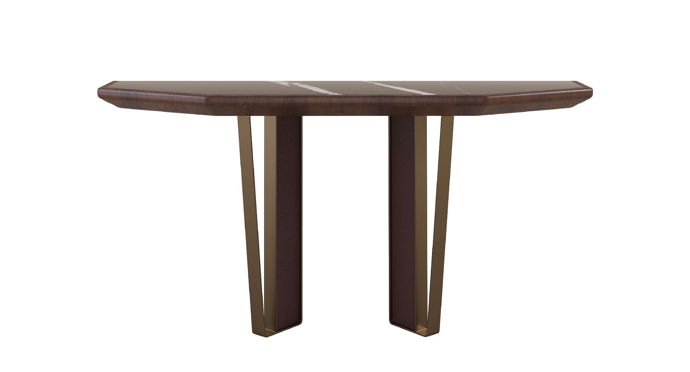 Arthur Console Table with a modern design, featuring a unique octagonal top and elegant metal legs for a sleek and luxurious touch to any living space.