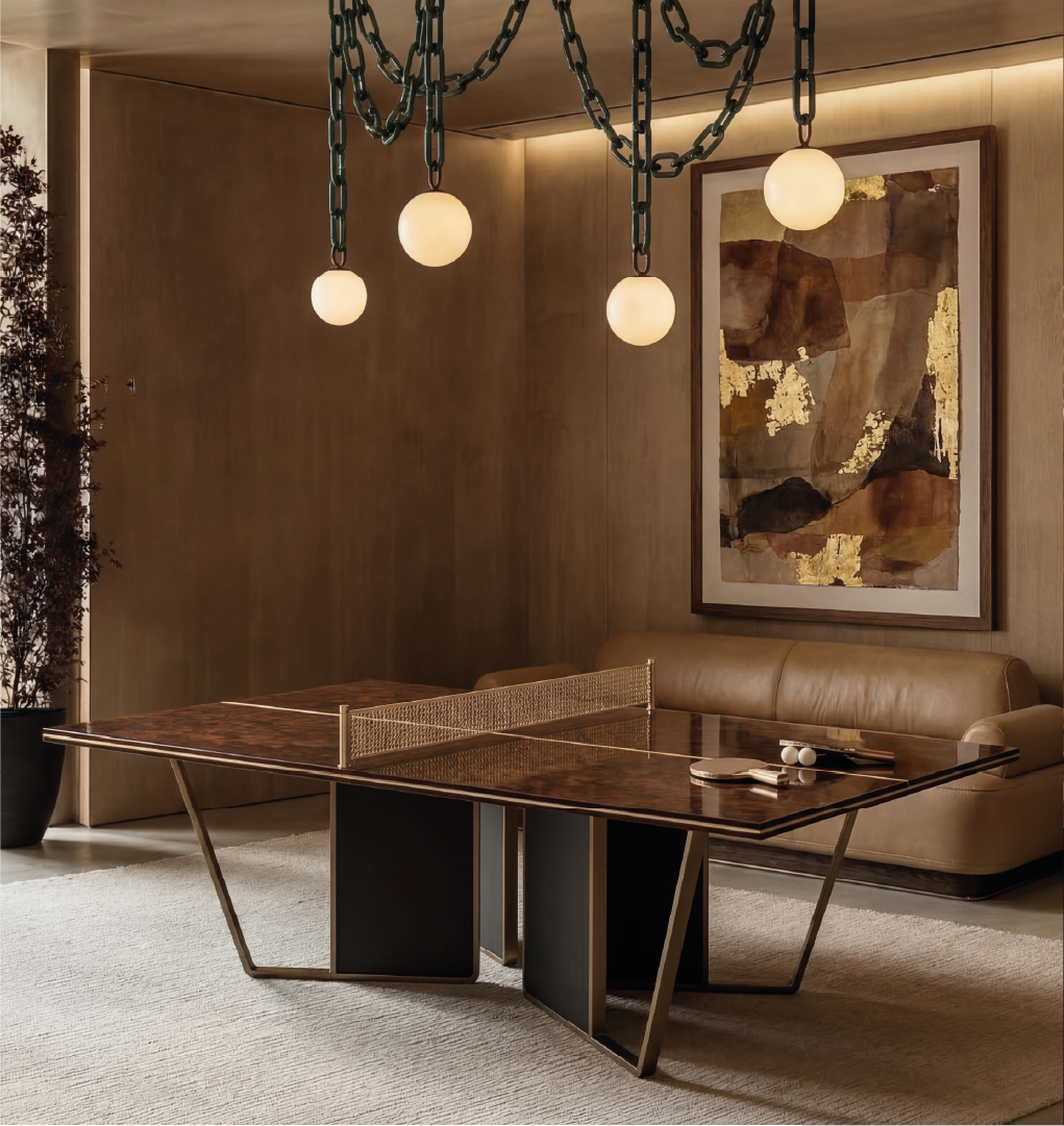 Luxury ping pong table in wood and brass in modern living room interior