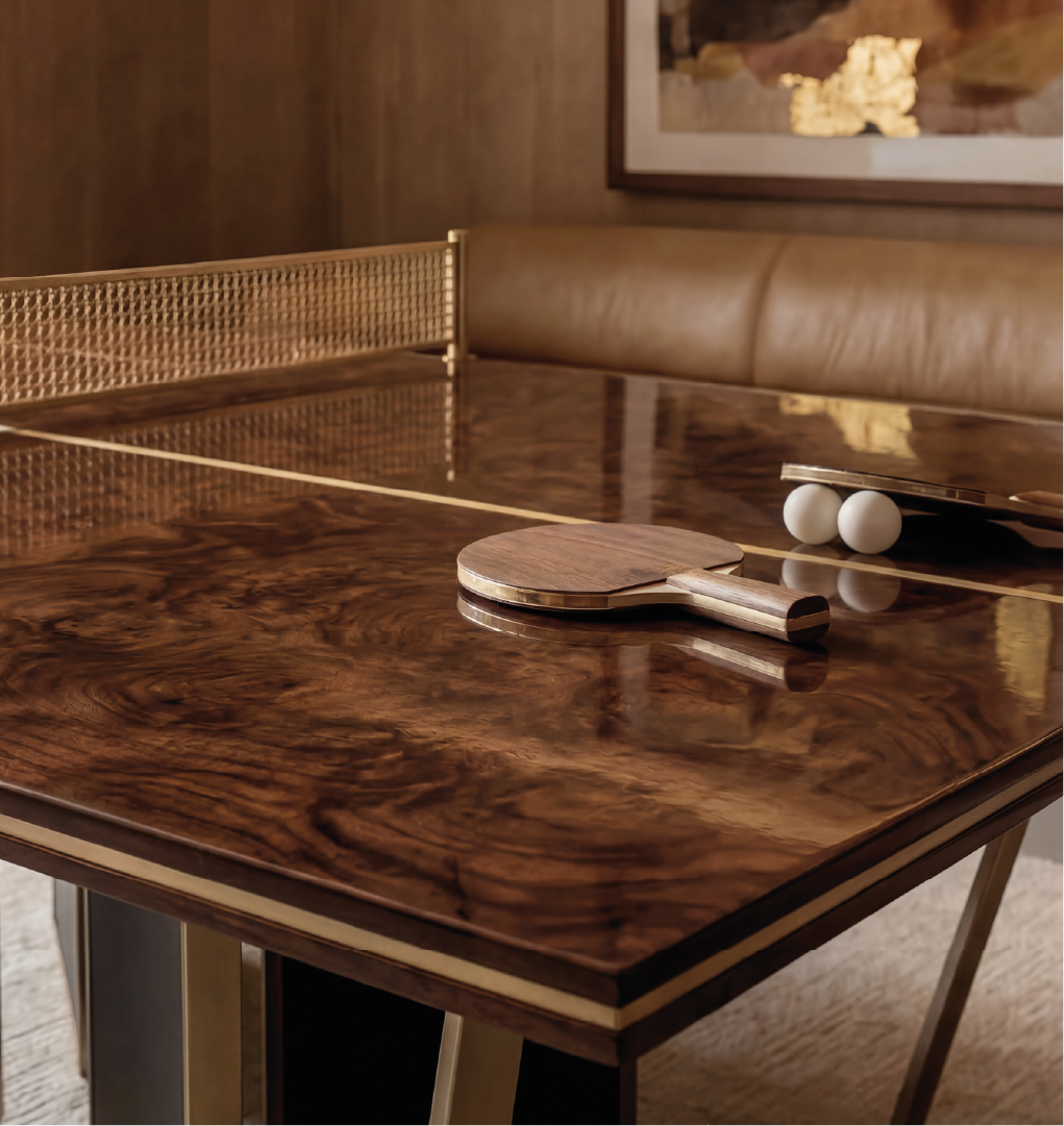 Close up of luxury wooden ping pong table with brass net and paddle set