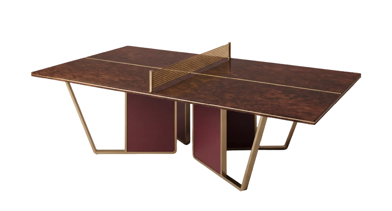 Arthur Ping Pong Table featuring a luxurious design with rich wood veneer and gold accents, ideal for high-end game rooms and modern interiors.