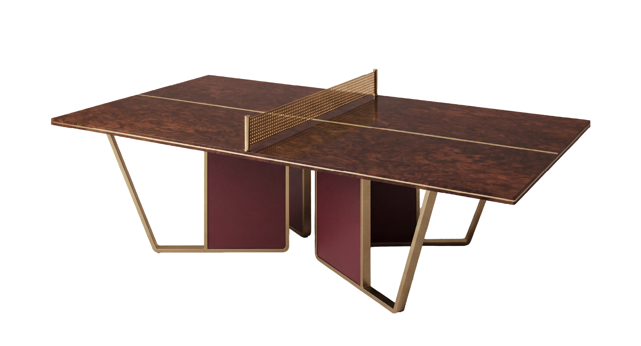 Arthur Ping Pong Table featuring a luxurious design with rich wood veneer and gold accents, ideal for high-end game rooms and modern interiors.