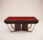 Front view of luxury pool table with red felt, wood finish, and brass details