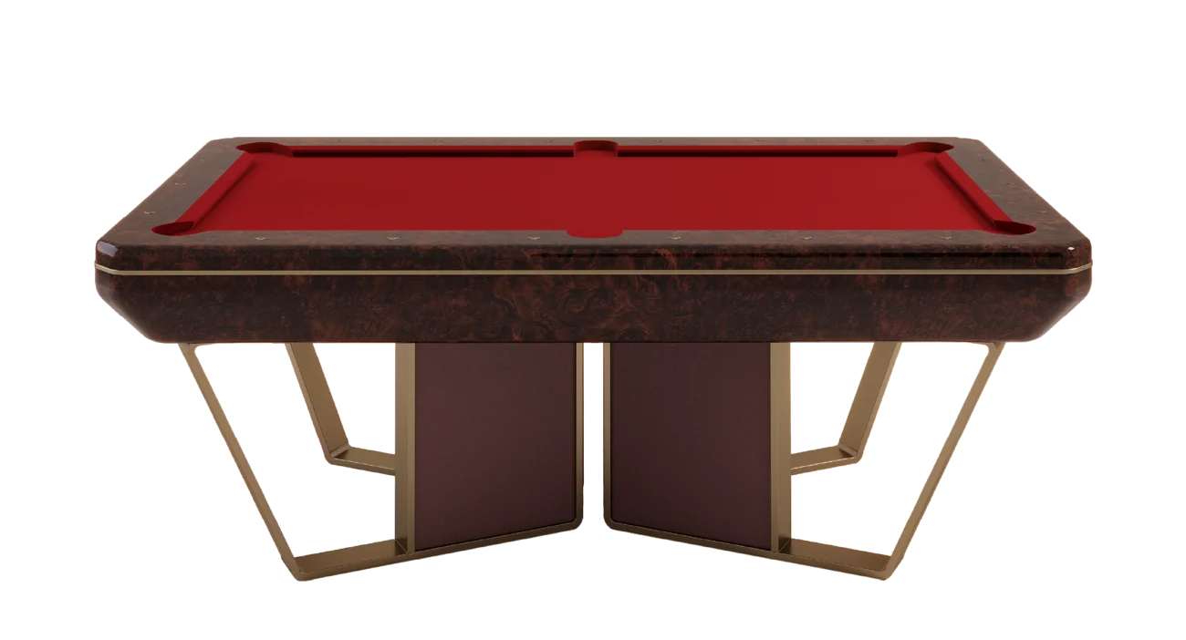 Arthur Pool Table with a luxurious design featuring a rich red felt top and modern gold-accented legs, perfect for an upscale game room or lounge.
