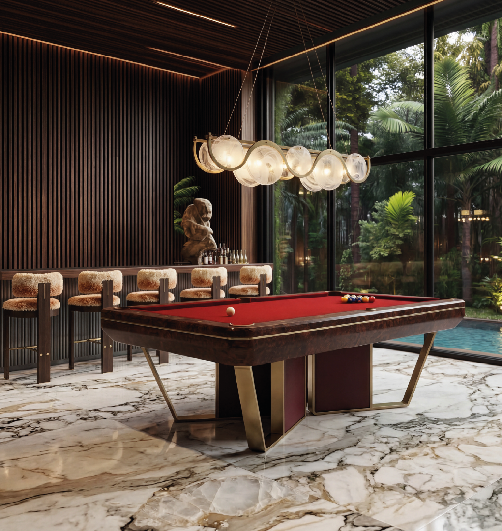 Luxury pool table with red felt in modern interior with bar and garden view