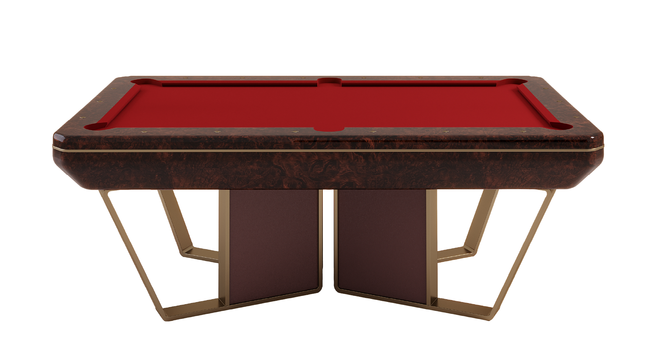 Arthur Pool Table with a luxurious design featuring a rich red felt top and modern gold-accented legs, perfect for an upscale game room or lounge.
