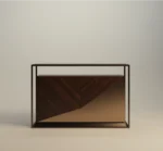 Modern Bach console table with geometric wood veneer doors and metal frame base.