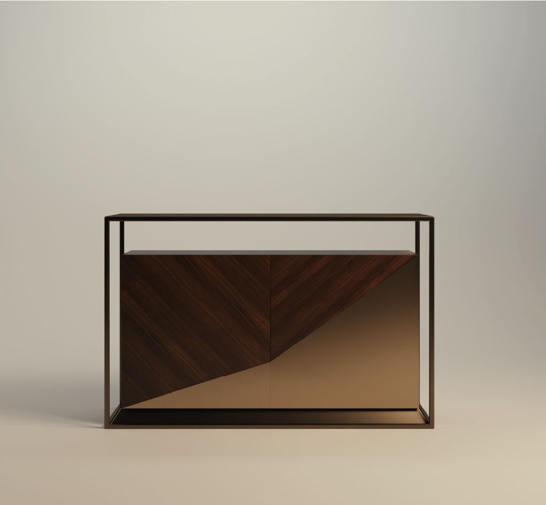 Modern Bach console table with geometric wood veneer doors and metal frame base.