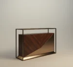 Modern Bach console table with geometric wood veneer doors and metal frame base.