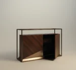 Modern Bach console table with geometric wood veneer doors and metal frame base.