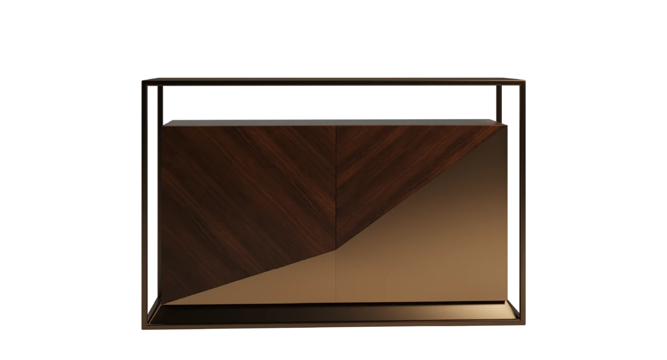 Bach Console Table with a modern geometric design, featuring rich wood veneer and a polished bronze finish, perfect for luxury home decor.
