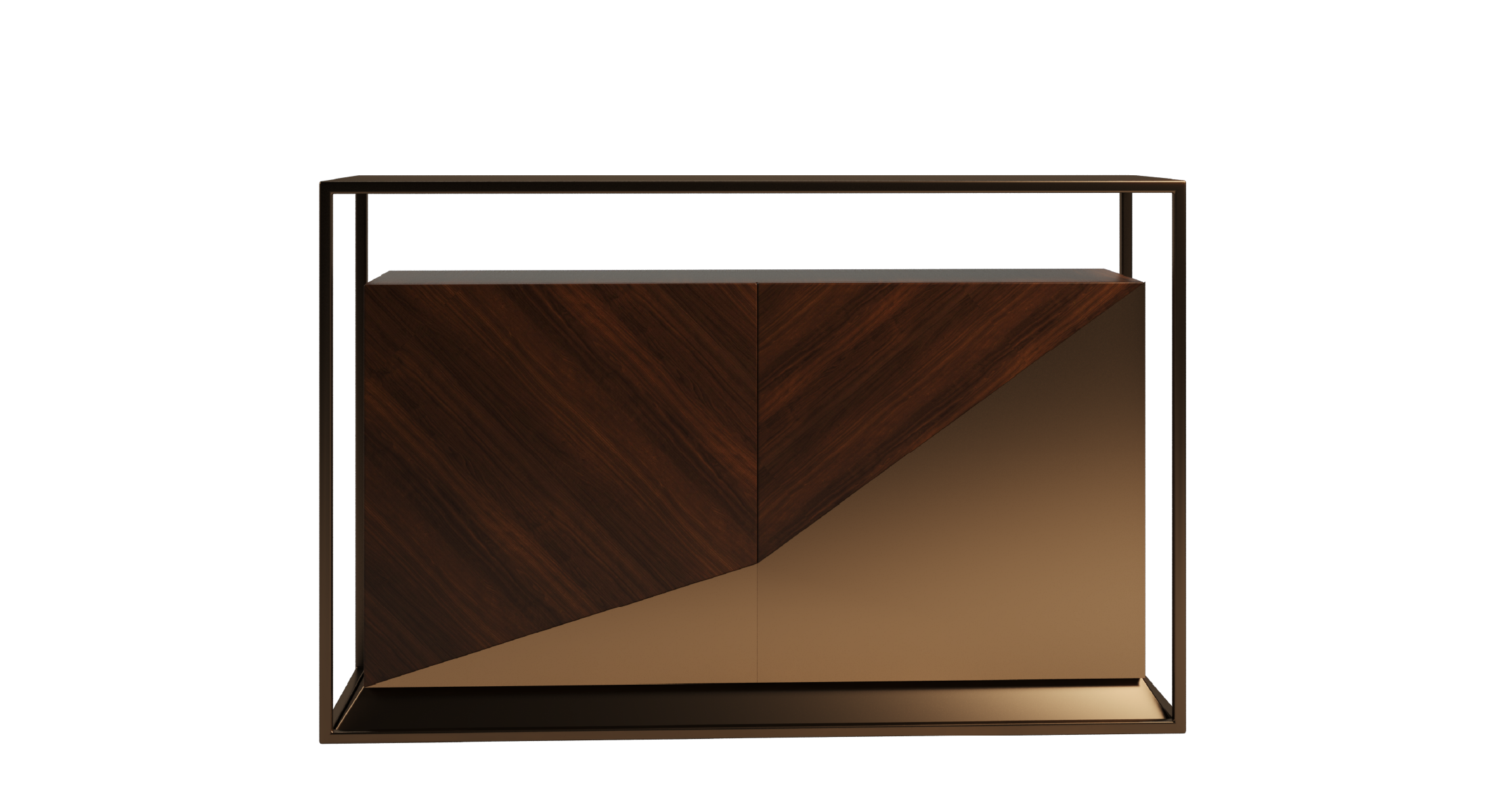 Bach Console Table with a modern geometric design, featuring rich wood veneer and a polished bronze finish, perfect for luxury home decor.