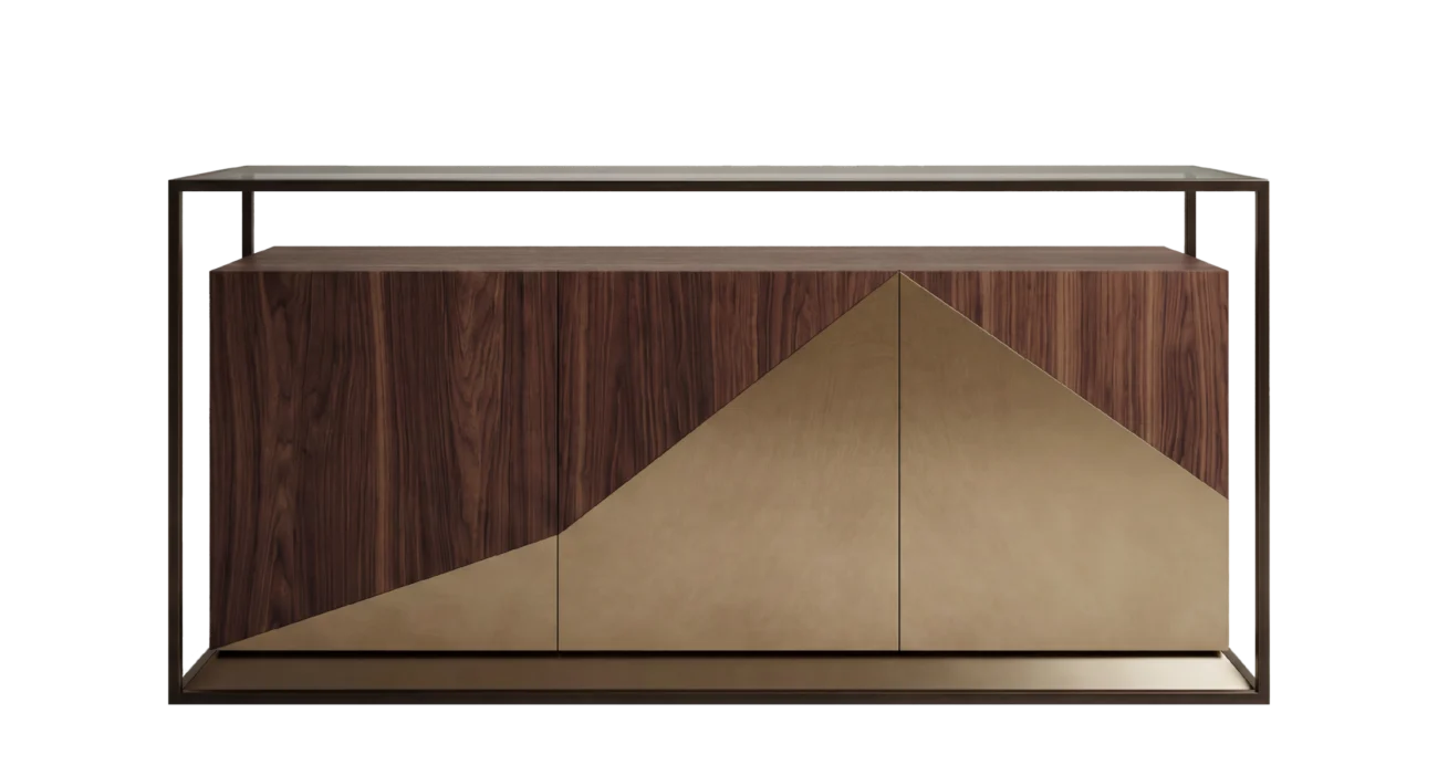 Bach Sideboard featuring rich walnut wood and polished bronze geometric design with a sleek metal frame.