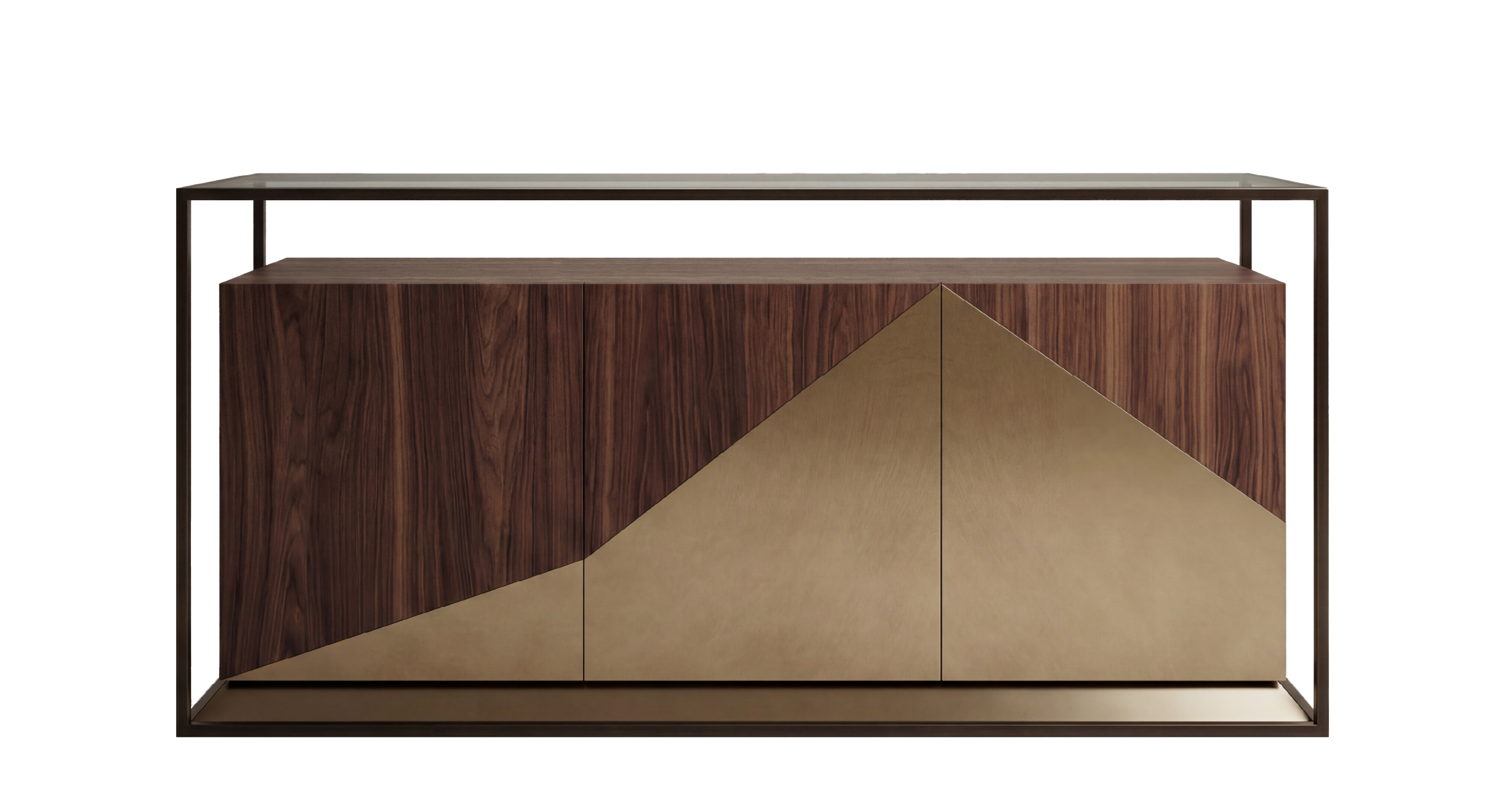Bach Sideboard featuring rich walnut wood and polished bronze geometric design with a sleek metal frame.