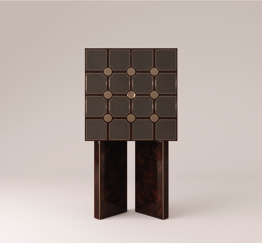 Geometric luxury cabinet with textured panels and dark wood base in contemporary design